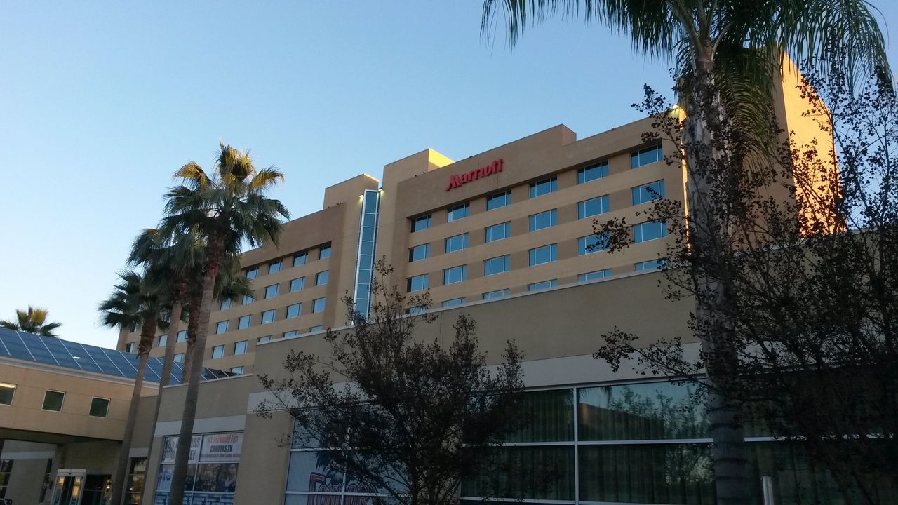 A beige multistory Marriott hotel building with palm trees in front, viewed from ground level under a clear blue sky.