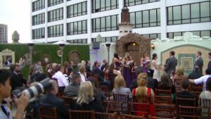 Best Wedding Dj outdoor wedding ceremony guests, wedding party, an officiant, bride and groom and Mr Dj Services