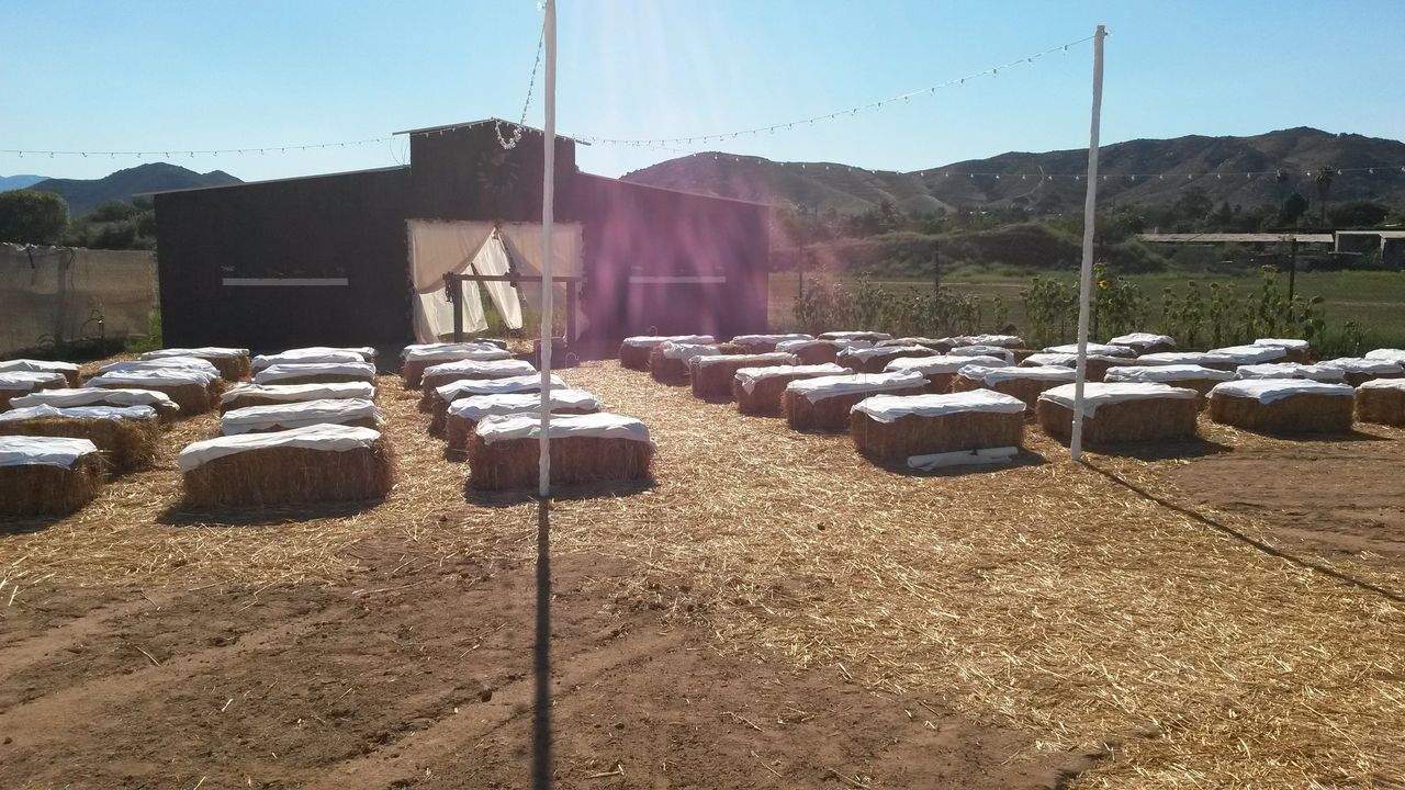 Rows of hay bales covered with white cloth are arranged in front of a barn, with string lights overhead and mountains visible in the background.